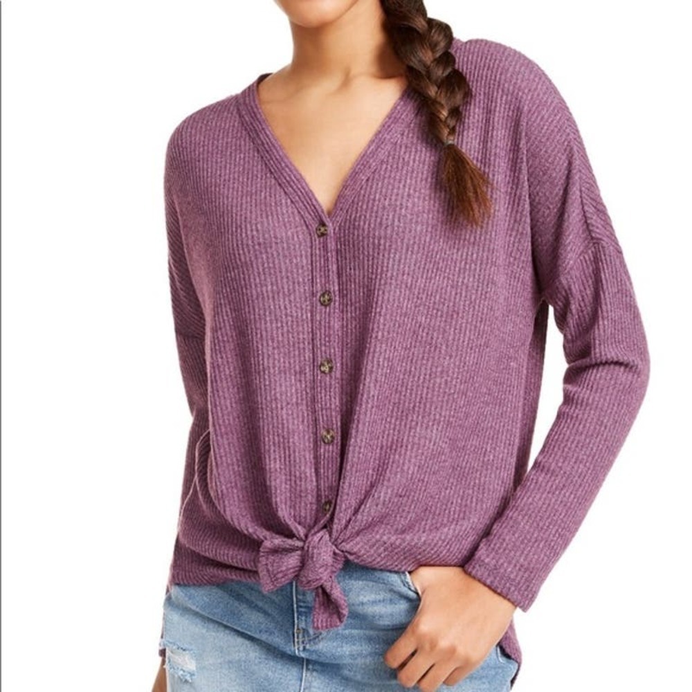 Ultra Flirt Womens Ribbed Tie Front Long Sleeve Button Up Top Size XS Purple NWT
